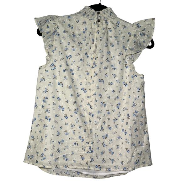 1.State Eyelet Ruffled Flutter Sleeveless Smocked Mock Neck Floral Blouse XS - Picture 3 of 6